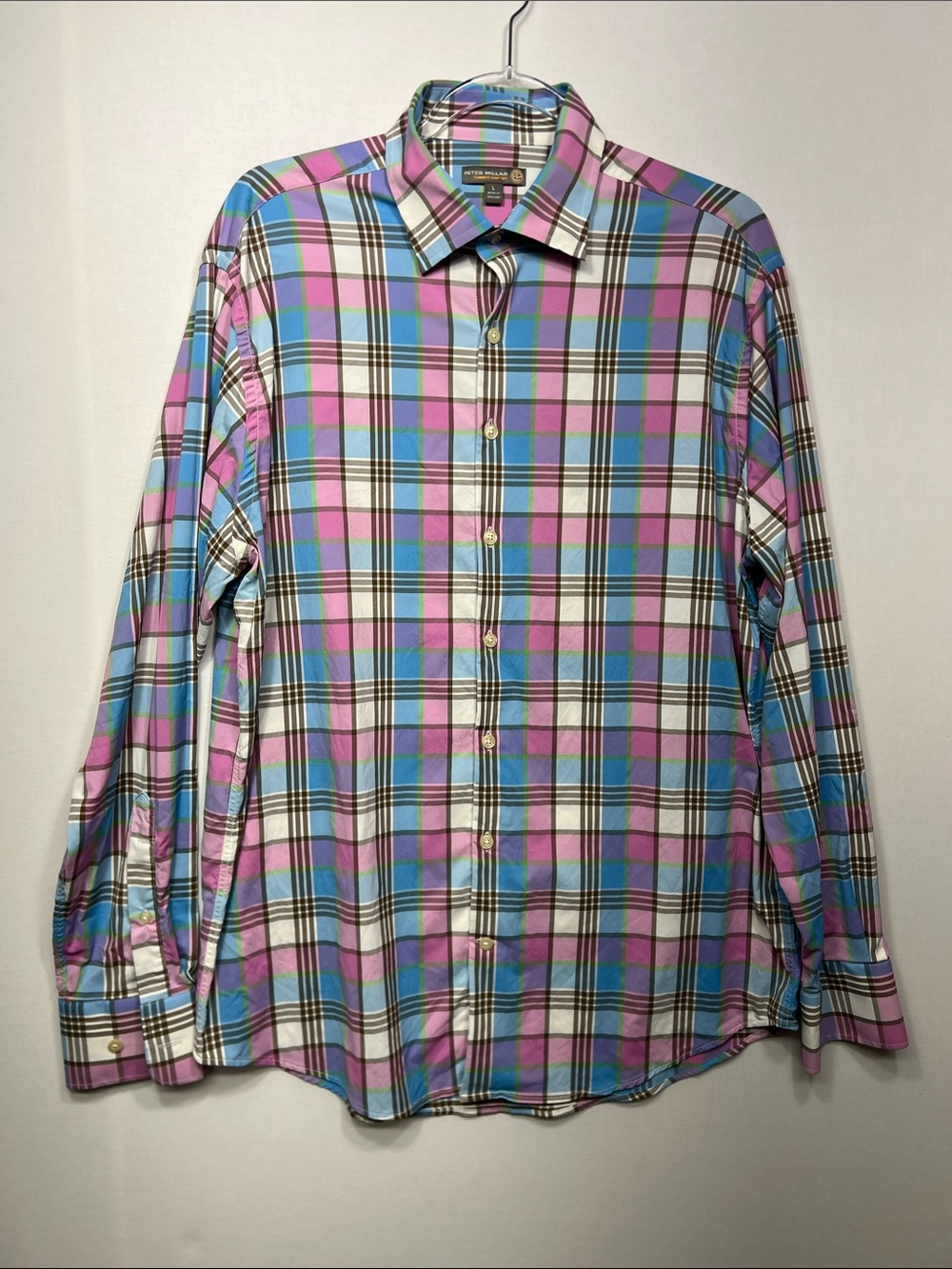 Peter Millar Pink & Blue Plaid Long-Sleeve Dress Shirt